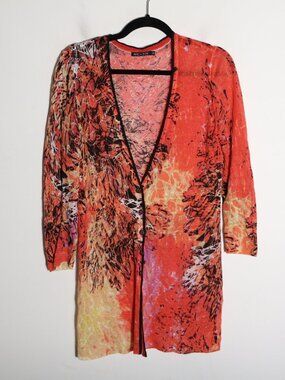 Nic + Zoe Linen Blend Artsy Abstract Longline Cardigan M Red Floral Lightweight